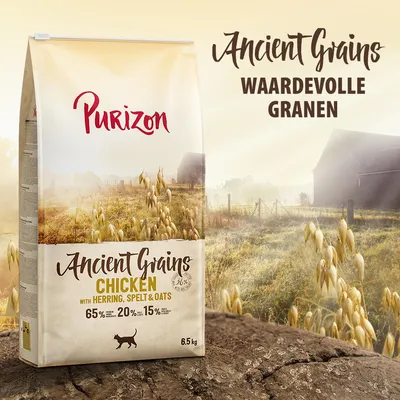 Purizon Ancient Grains Chicken met haring, spelt & haver. 65% dierlijke ingrediënten, 20% granen, 15% groenten & fruit. Waardevolle granen. Zak van 6,5 kg. Purizon Ancient Grains Chicken met haring, spelt & haver. 65% dierlijke ingrediënten, 20% granen, 15% groenten & fruit. Waardevolle granen. Zak van 6,5 kg.