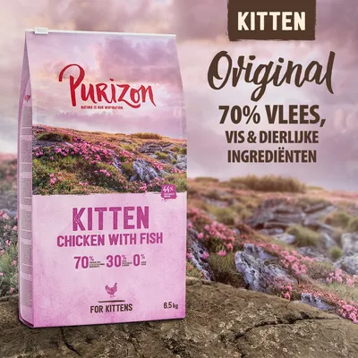 Purizon Kitten Chicken with Fish kattenvoer, 6,5 kg. Original, 70% vlees, vis & dierlijke ingrediënten. Voor kittens. 0% granen. 44% eiwitgehalte zichtbaar op verpakking. Purizon Kitten Chicken with Fish kattenvoer, 6,5 kg. Original, 70% vlees, vis & dierlijke ingrediënten. Voor kittens. 0% granen. 44% eiwitgehalte zichtbaar op verpakking.