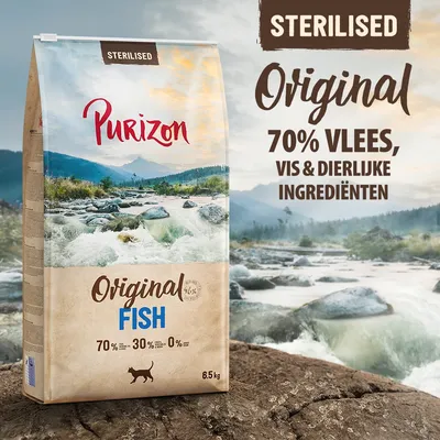 Purizon Sterilised Original Fish kattenvoer, 6,5 kg. 70% vlees, vis & dierlijke ingrediënten, 30% groenten, 0% granen. Tekst: STERILISED, Original, FISH. Purizon Sterilised Original Fish kattenvoer, 6,5 kg. 70% vlees, vis & dierlijke ingrediënten, 30% groenten, 0% granen. Tekst: STERILISED, Original, FISH.