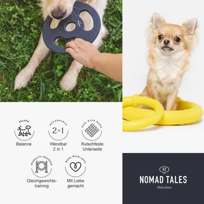Jouets d’équilibre pour chien Nomad Tales, deux anneaux visibles, texte : Balance, 2 en 1, base antidérapante, entraînement à la stabilité, fait avec amour. Marque : Nomad Tales München.