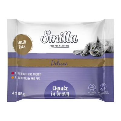 Smilla Deluxe Mixed Pack, paloja kastikkeessa: 2x naudanliha ja porkkana, 2x kalkkuna ja herne. Ei lisättyä sokeria, ei keinotekoisia säilöntäaineita. 4x85g.