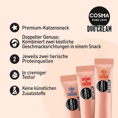 Cosma Duo Cream Premium-Katzensnack. Doppelter Genuss: Zwei Geschmacksrichtungen, jeweils zwei tierische Proteinquellen, cremige Textur, keine künstlichen Zusatzstoffe.