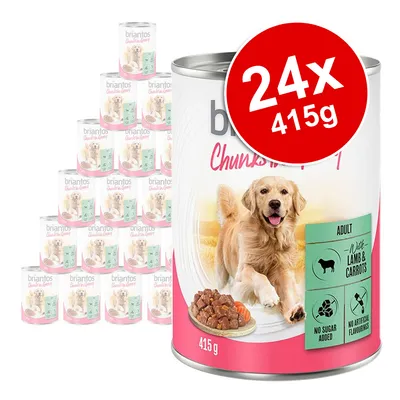 Briantos Chunks in Gravy Adult with Lamb & Carrots, 24x415g cans. Labels show 'No sugar added', 'No artificial flavourings', dog icon, and image of food chunks on plate.