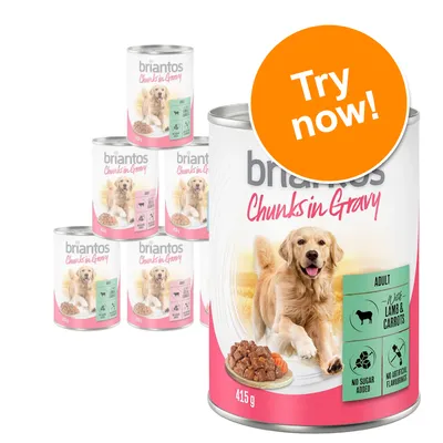 briantos Chunks in Gravy, 415g tin, visible text: Adult, with Lamb & Carrots, No Sugar Added, No Artificial Flavourings. Orange badge reads: Try now!