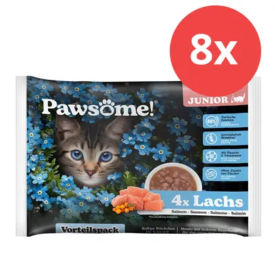 Pawsome! Junior Vorteilspack, 8x 4x Lachs, 88% tierische Zutaten, getreidefrei, mit Taurin und Vitaminen, ohne Zuckerzusatz. Pawsome! Junior Vorteilspack, 8x 4x Lachs, 88% tierische Zutaten, getreidefrei, mit Taurin und Vitaminen, ohne Zuckerzusatz.
