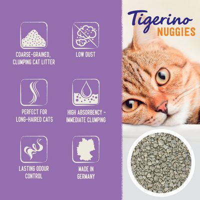Tigerino Nuggies macskaalom: durva szemcsés, csomósodó, alacsony porzású, nagy felszívóképességű, hosszúszőrű macskák számára, hosszan tartó szagkontrollal, Németországban gyártva.