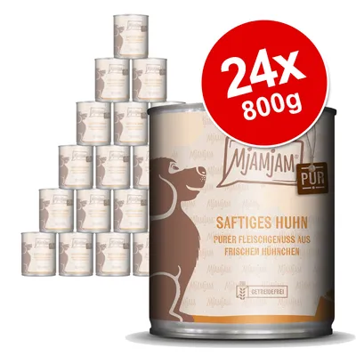 MjAMjAM PUR Saftiges Huhn, 24 x 800g tins with dog illustration and German text on label. Large red circle shows '24x 800g'.