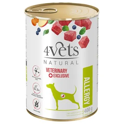 Blik 4Vets Natural Veterinary Exclusive Allergy hondenvoer, 400 g. Tekst: Beta-glucaan, Se, Zn, graanvrij. Afbeelding van hond en vleesblokjes met groenten en fruit.