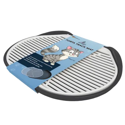 Porta Track Mat für Katzen, rutschfeste Matte mit Streifenmuster, hält Pfoten sauber und trocken. Verpackung zeigt Cartoon-Katze und Produktabbildung.