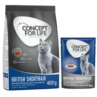 400 g Concept for Life száraztáp + 12 x 85 g nedvestáp szószban - British Shorthair Adult vegyes csomag
