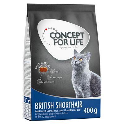 Concept for Life British Shorthair cat food, 400g. Special Formula X: shiny coat, Stay-Clean complex, cardiac function support. For adult British Shorthair cats aged 12 months and over.