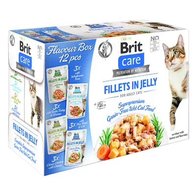 Brit Care Fillets in Jelly pentru pisici adulte, cutie 12 plicuri. Superpremium Grain-Free Wet Cat Food. Fără GMO, soia, zahăr. Sortimente: ton, curcan cu creveți, somon, pui cu brânză.