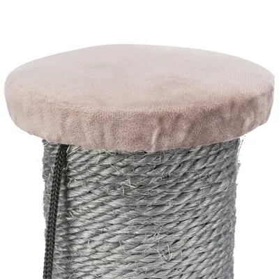 Scratching post with grey sisal rope and padded pink fabric cover on top.