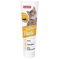 beaphar Geflügel Paste, GENUSS MIT HUHN, Taurin, Getreidefrei, Ohne Zucker-Zusatz. Pâte pour chat en tube avec photo de chat et texte en allemand sur les ingrédients visibles.