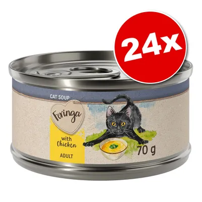 Feringa Cat Soup with Chicken ADULT, boîte de 70 g, lot de 24x indiqué sur un cercle rouge. Illustration d’un chat noir et d’une soupe sur l’étiquette.