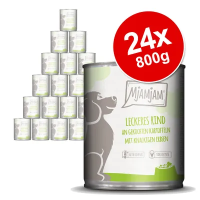 MjAMjAM Leckeres Rind an gekochten Kartoffeln mit knackigen Erbsen, 24 x 800g cans, visible German text on packaging, red label with 24x 800g