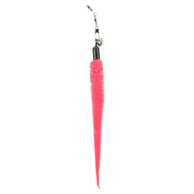 Kattenspeeltje met roze pluche worm, kunststof bevestiging, metalen clip en belletje aan de bovenkant.