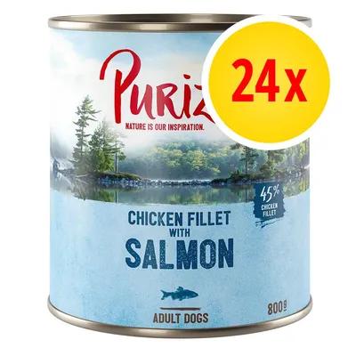 Purizon Chicken Fillet with Salmon, 45% Chicken Fillet, 800g Dose für erwachsene Hunde, gelber Kreis mit rotem Text: 24x Purizon Chicken Fillet with Salmon, 45% Chicken Fillet, 800g Dose für erwachsene Hunde, gelber Kreis mit rotem Text: 24x