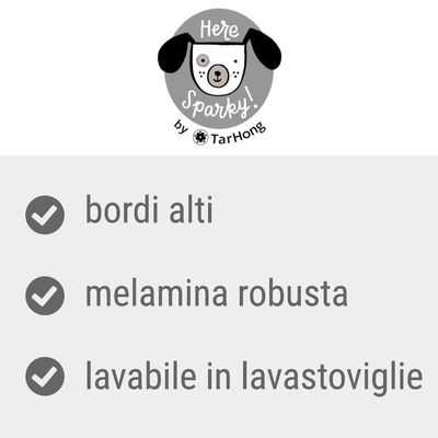 Here Sparky by TarHong. Bordi alti, melamina robusta, lavabile in lavastoviglie.