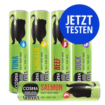 Cosma Pure Love Snackies: Tuna, Chicken, Beef, Duck, Salmon. Gently freeze-dried, 100% pure meat oder Fisch. Jetzt testen.