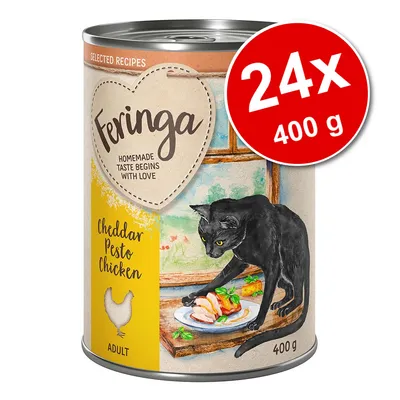 Feringa Cheddar Pesto Chicken, boîte 400 g pour chat adulte, lot de 24x400 g. Texte visible : Homemade taste begins with love, Cheddar Pesto Chicken, Adult. Feringa Cheddar Pesto Chicken, boîte 400 g pour chat adulte, lot de 24x400 g. Texte visible : Homemade taste begins with love, Cheddar Pesto Chicken, Adult.