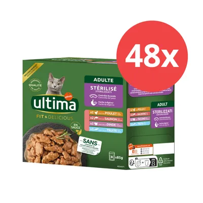 Ultima Fit & Delicious para gatos adultos esterilizados, 48x85g. Variedades: pollo, salmón, pavo, trucha. Sin colorantes ni conservantes. Control de peso y fácil digestión.
