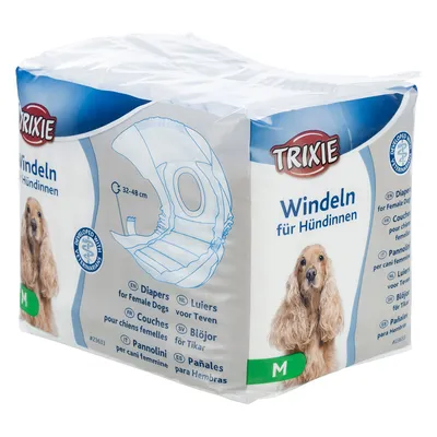 Trixie plienky pre sučky, veľkosť M, 32-48 cm. Balenie zobrazuje produkt a obrázok psa. Vyvinuté s veterinármi.