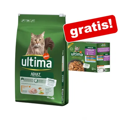 Ultima Adult kattenvoer, 10kg zak met kip. Gratis: Ultima Sterilised natvoer, 85g verpakking. Voor katten van 1-10 jaar. Zonder kunstmatige kleur- en conserveermiddelen.