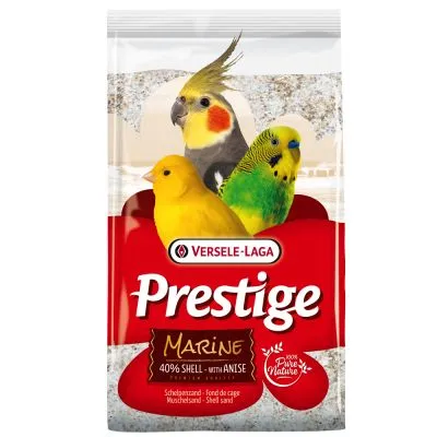 Confezione Versele-Laga Prestige Marine, 40% shell with anise, immagini di canarino giallo, cocorita verde e calopsitta. Testo: 100% Pure Nature.