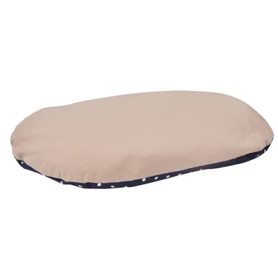 Cuscino ovale beige con bordo blu scuro e pois bianchi, adatto per letti per pet o come superficie per sdraiarsi.