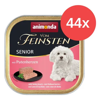 Animonda Vom Feinsten Senior mit Putenherzen, 44x Portionsschalen. Nassfutter für ältere Hunde, Abbildung von Futter und Hund auf Verpackung.