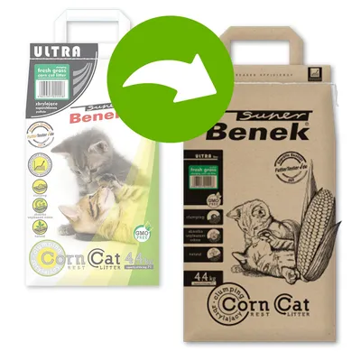 Super Benek Corn Cat Ultra fresh grass kissanhiekka, 4,4 kg. Kaksi erilaista pakkausta vierekkäin, molemmissa näkyy tuotenimi ja kuva kissoista sekä maissintähkä.