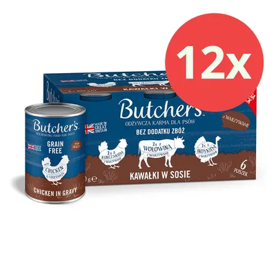 Butcher's karma dla psów, bez zbóż, Chicken in Gravy, 12x puszka, wyprodukowana w Wielkiej Brytanii.