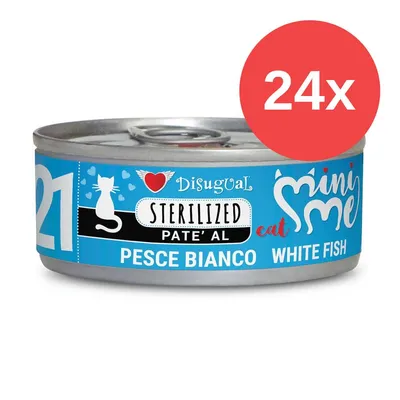 Disugual Sterilized Paté de pescado blanco, 24x latas para gatos. Envase con diseño azul y círculo rojo con el número 24.