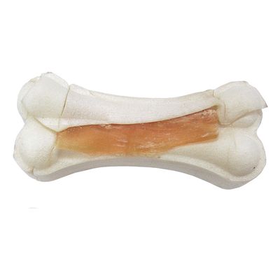 Bijela žvakalica u obliku kosti s vidljivim smeđim punjenjem u sredini, bez oznaka brenda ili teksta.