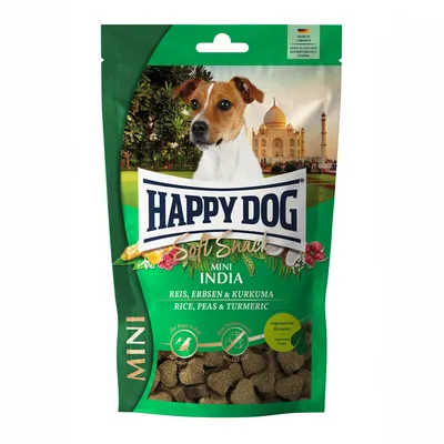 Happy Dog Soft Snack Mini India, vegetariánska receptúra s ryžou, hráškom a kurkumou. Vyrobené v Nemecku, bez pridaných konzervačných látok.