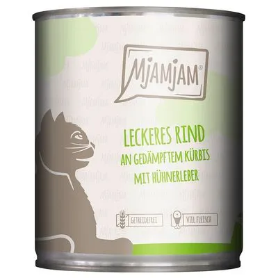 Mjamjam kattenvoer blik met tekst: Leckeres Rind an gedämpftem Kürbis mit Hühnerleber, getreidefrei, viel Fleisch. Tekst in het Duits.