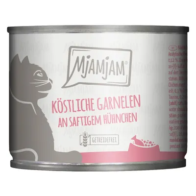 MjAMjAM Katzenfutter, köstliche Garnelen an saftigem Hühnchen, getreidefrei. Dose mit Silhouette einer Katze und Futterschale.