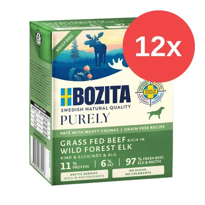 Bozita Purely Adult Dog, bœuf et élan, lot de 12. Recette sans céréales, 11% protéines, 6% matières grasses, 97% viande fraîche, sans sucre, sans colorants. Fabriqué en Suède.
