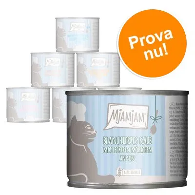 Flera burkar MjAMjAM kattmat, text på burk: 'BLANCHIERTES KALB MIT LECKEREN MÖHRCHEN AN SOßE'. Orange cirkel med texten 'Prova nu!'.