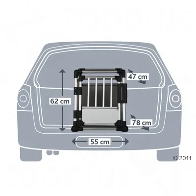 Diagram af en hundetransportkasse i bagagerummet med mål: højde 62 cm, bredde 55 cm, dybde 78 cm, døråbning 47 cm.