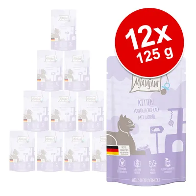 Mjamjam Kitten herkullinen vasikka lohiöljyllä, 12x125g. Saksalaista laatua, viljaton, korkea lihapitoisuus, täysravinto kissoille.