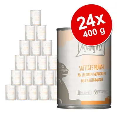 MjAMjAM pui suculent cu morcovi gustoși și mentă pentru pisici, 24 x 400g conserve. Fără cereale, conținut ridicat de carne.