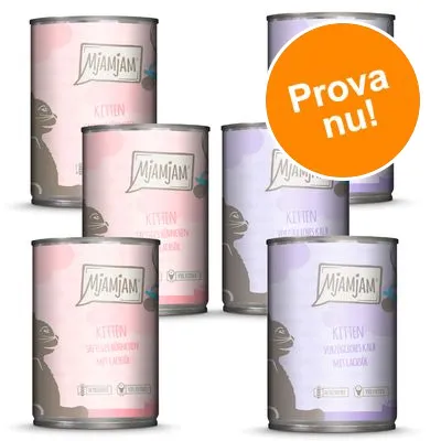 Sex burkar MjAMjAM Kitten våtfoder med synlig text och illustration av katt. Orange cirkel med texten 'Prova nu!'. Sex burkar MjAMjAM Kitten våtfoder med synlig text och illustration av katt. Orange cirkel med texten 'Prova nu!'.