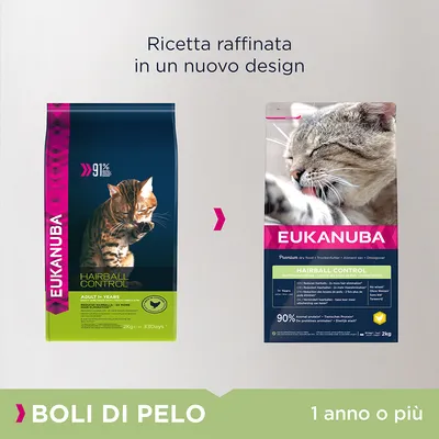 Confronto tra vecchio e nuovo design della confezione Eukanuba Hairball Control per gatti adulti, testo visibile: 'Ricetta raffinata in un nuovo design', 'Boli di pelo', '1 anno o più'.