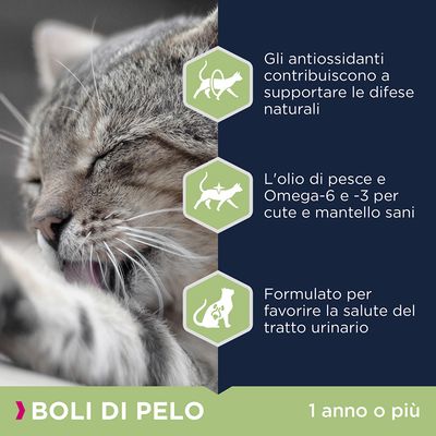 BOLI DI PELO, 1 anno o più. Antiossidanti per difese naturali, olio di pesce e Omega-6/-3 per cute e mantello sani, formulato per salute del tratto urinario.