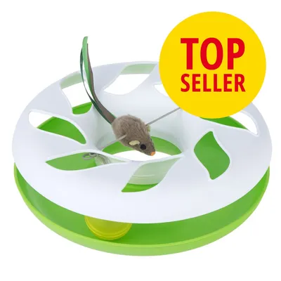 Kreisförmiges Spielzeug mit weiß-grünem Design und Plüschmaus, gelber Kreis mit rotem Text: TOP SELLER.