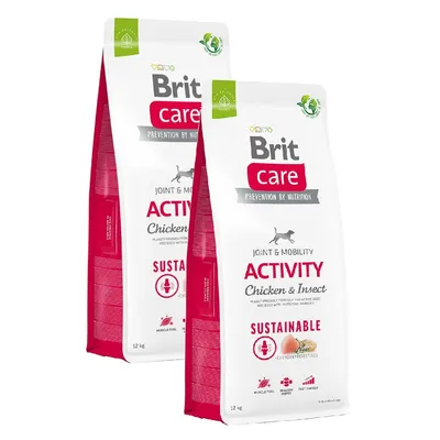 Brit Care Joint & Mobility Activity Chicken & Insect, Sustainable, 12 kg. Widoczne dwa opakowania karmy dla psów z oznaczeniami muscle fuel, healthy joints, fast recovery.