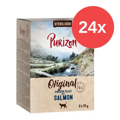 Purizon Sterilised Original Chicken Fillet with Salmon, 24x Packung, 6x70g, für Katzen. Purizon Sterilised Original Chicken Fillet with Salmon, 24x Packung, 6x70g, für Katzen.