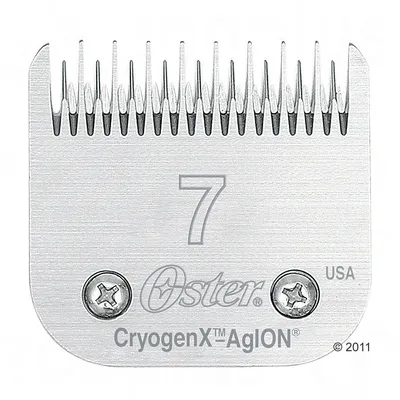 Testina in metallo per tosatrice con numero 7, marchio Oster, testo visibile: CryogenX AgION, USA.